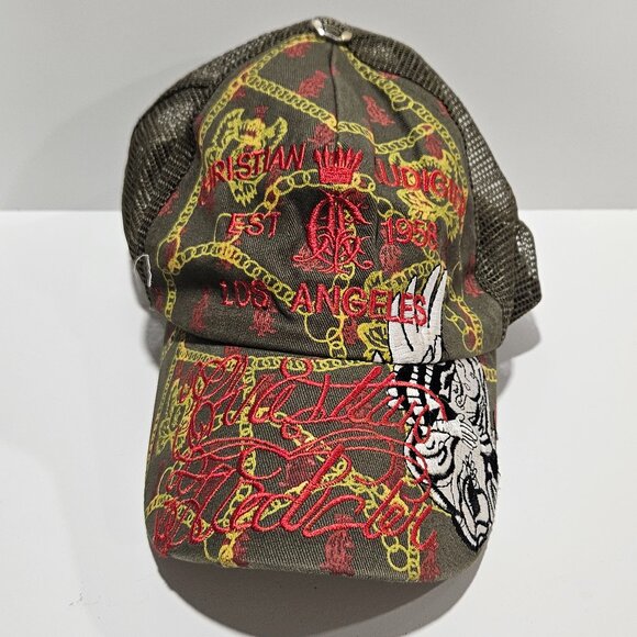 Christian Audigier LA Chain Script Tiger Trucker Hat Olive Mesh Snapback - Picture 2 of 8